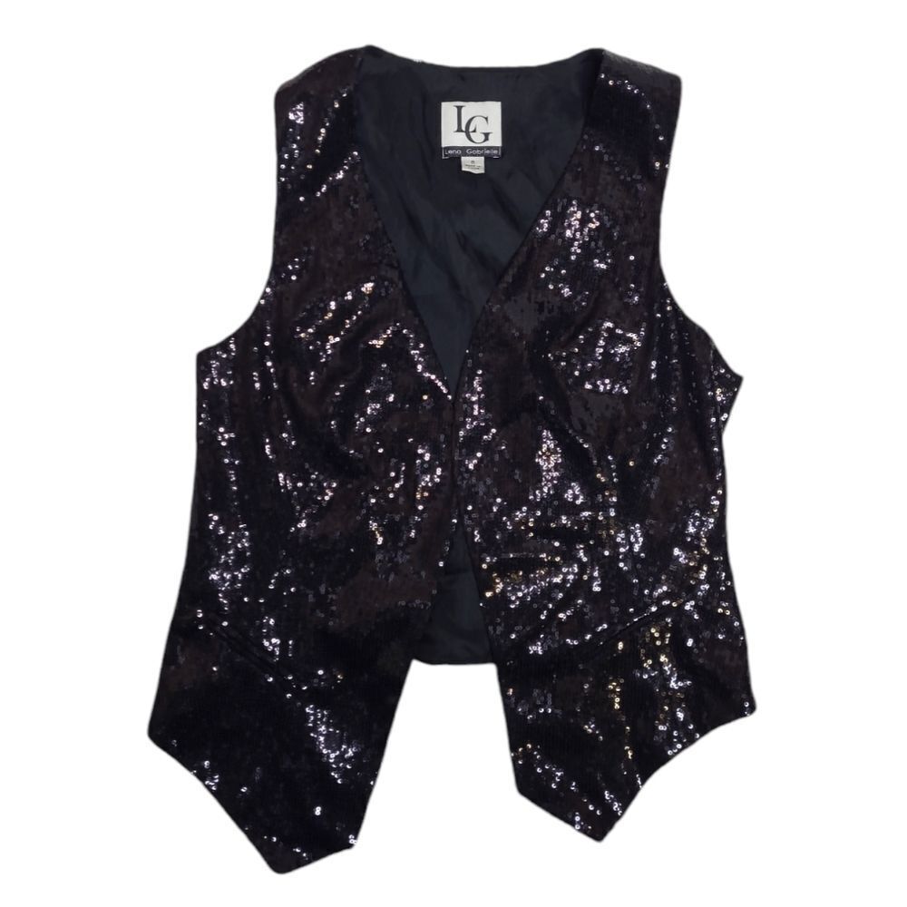 VINTAGE 90s black sequin open front bling‎ drapey vest S/M